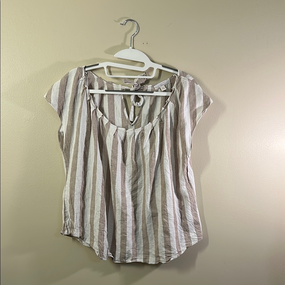 LC Lauren Conrad Linen Cream and Tan Striped Short Sleeve Blouse